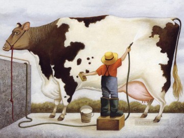 牛 雄牛 Painting - 牛の水浴び